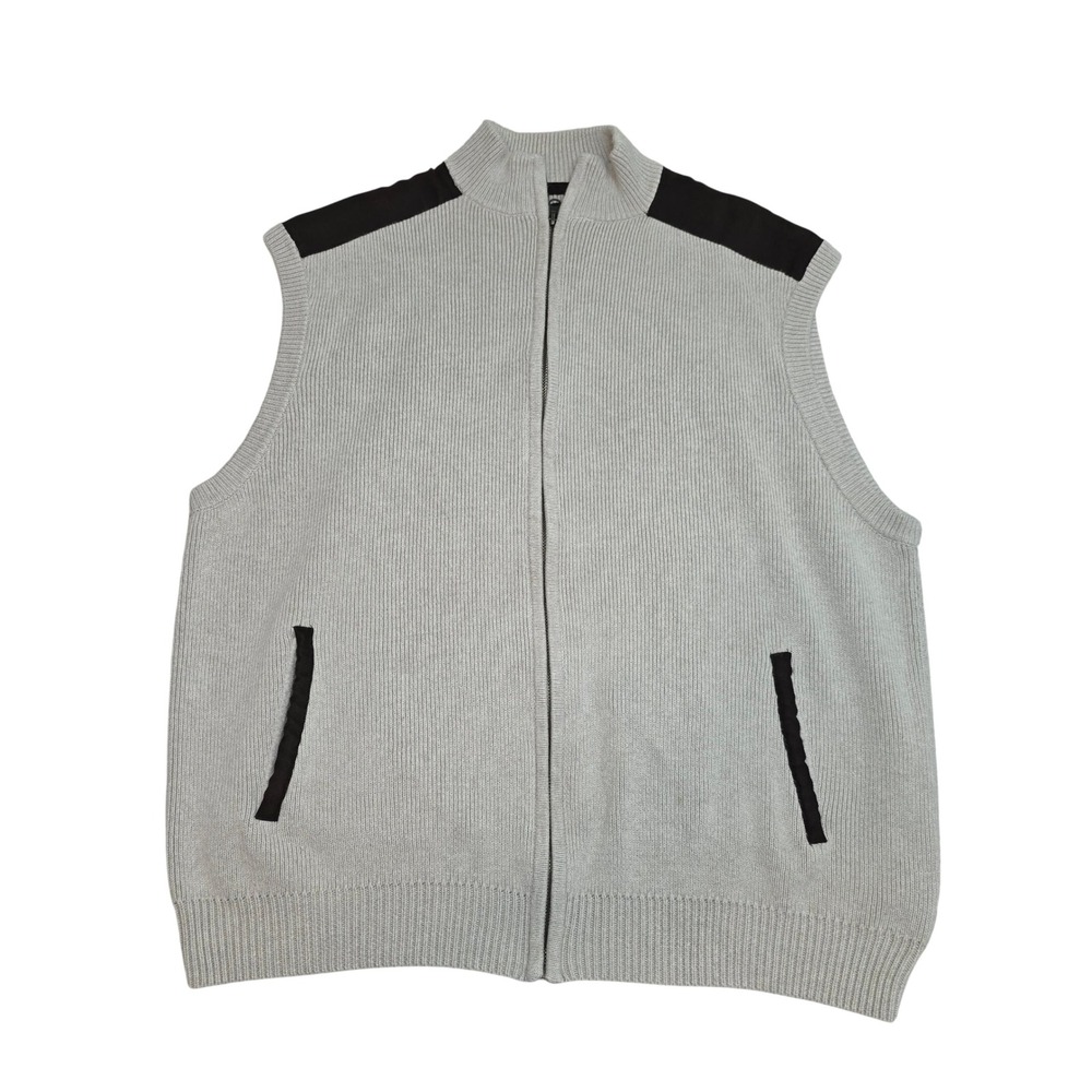 Chaps Mens XXL Beige Ribbed Full Zip Cotton Sweater Vest Brown Shoulder Patches